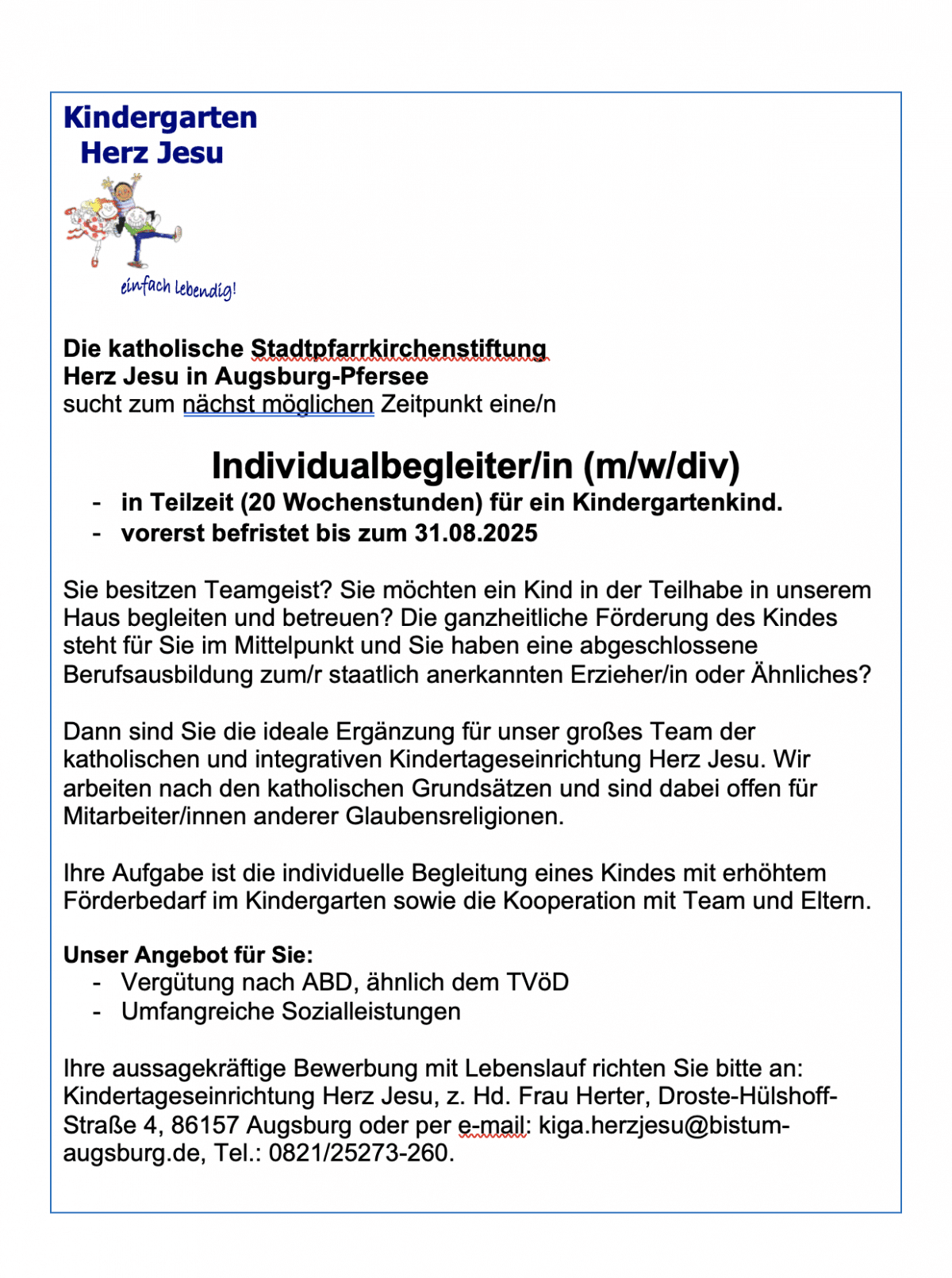 Kindergarten Herz Jesu sucht Individualbegleiter/ in - Pfarrei Herz Jesu